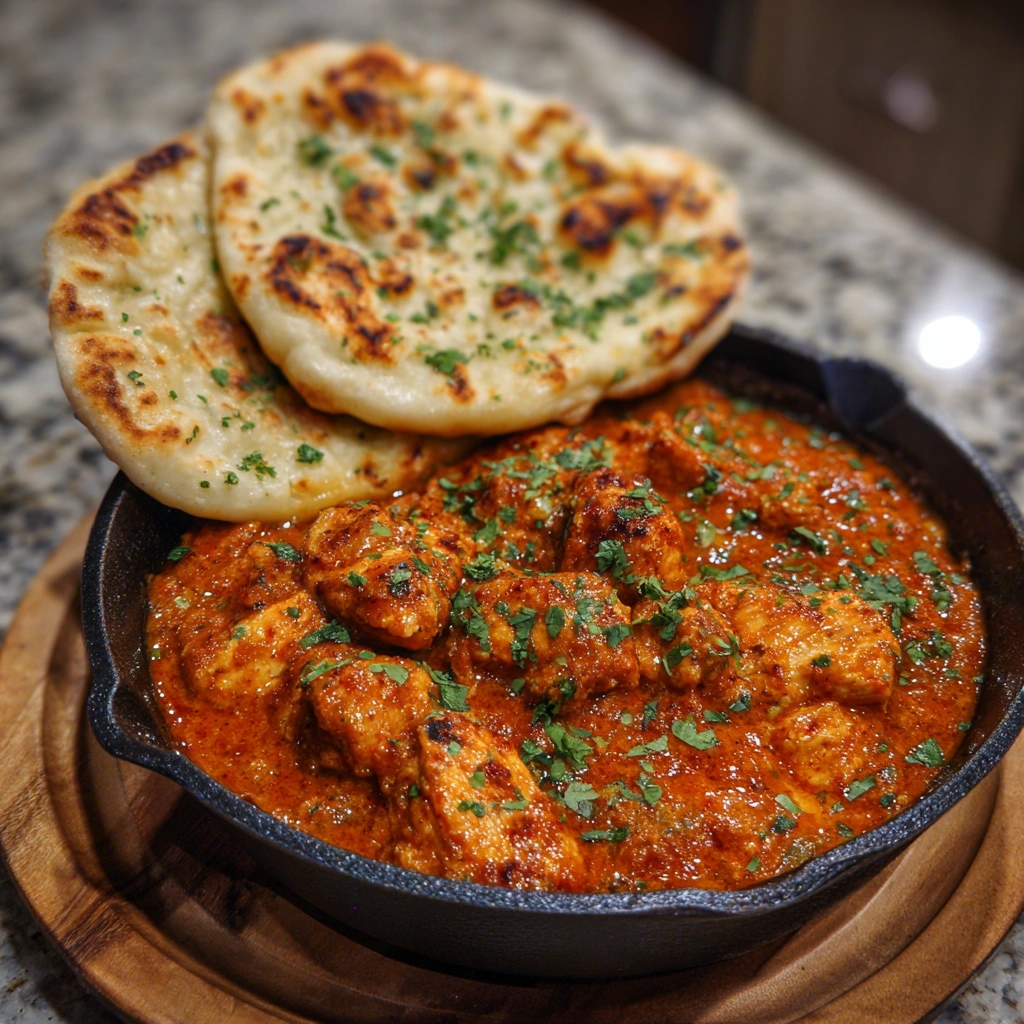 Butter chicken with rice served in a bowl, garnished with herbs