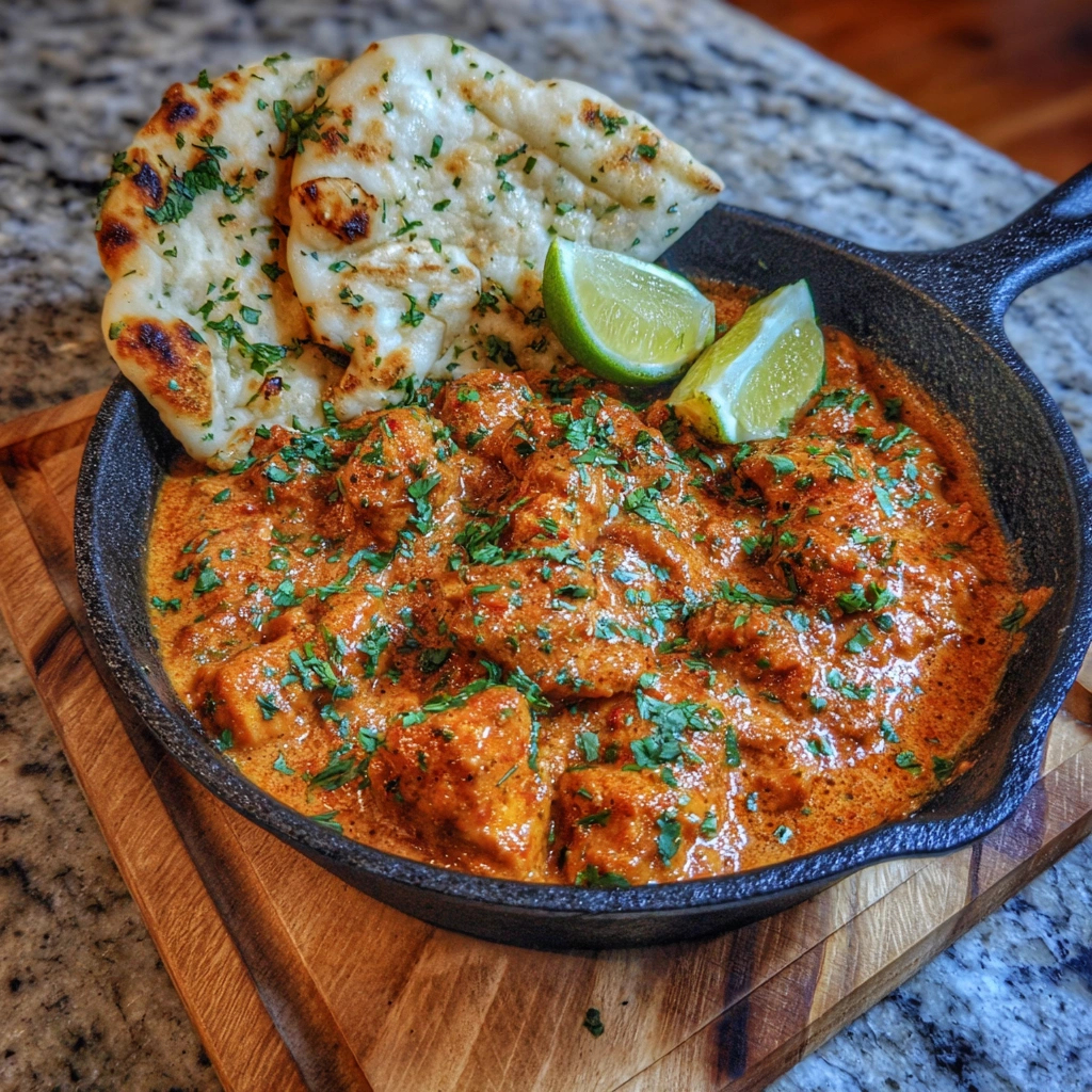 Close-up of creamy chicken coated in orange-red butter sauce