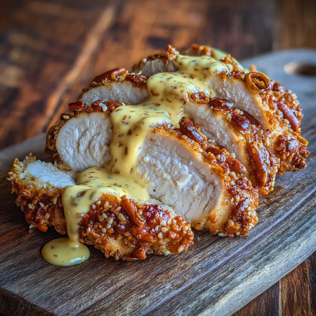 Pretzel Chicken with Mustard-Cheddar Sauce