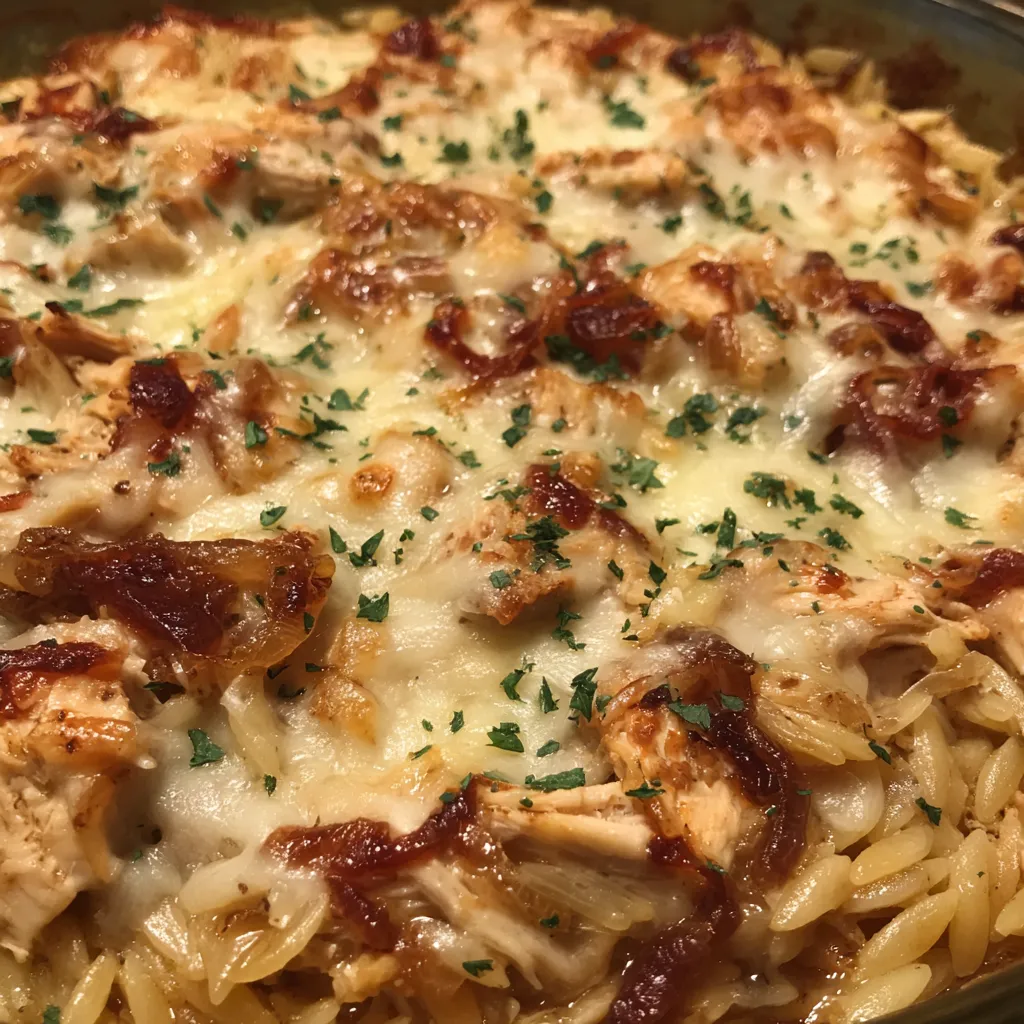 French Onion Chicken Orzo Casserole