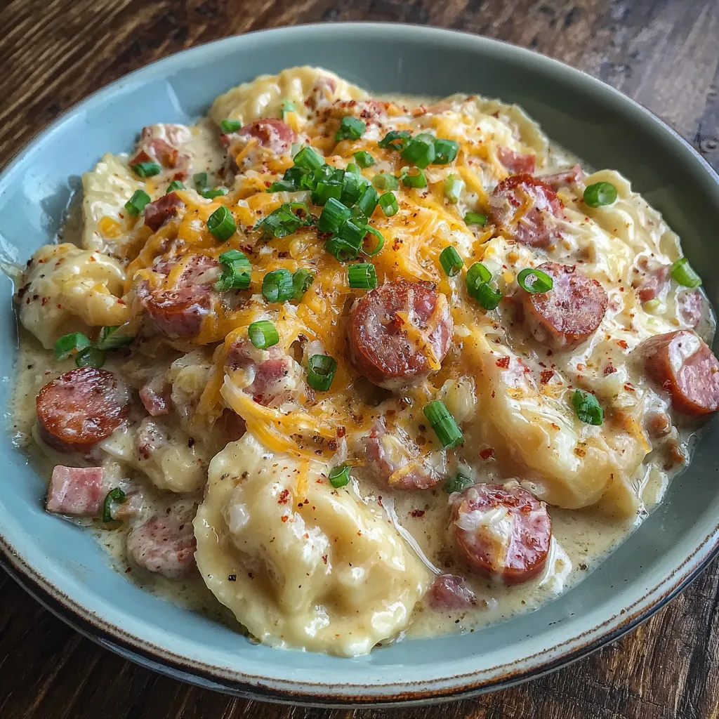 Crockpot Pierogi Casserole with Kielbasa