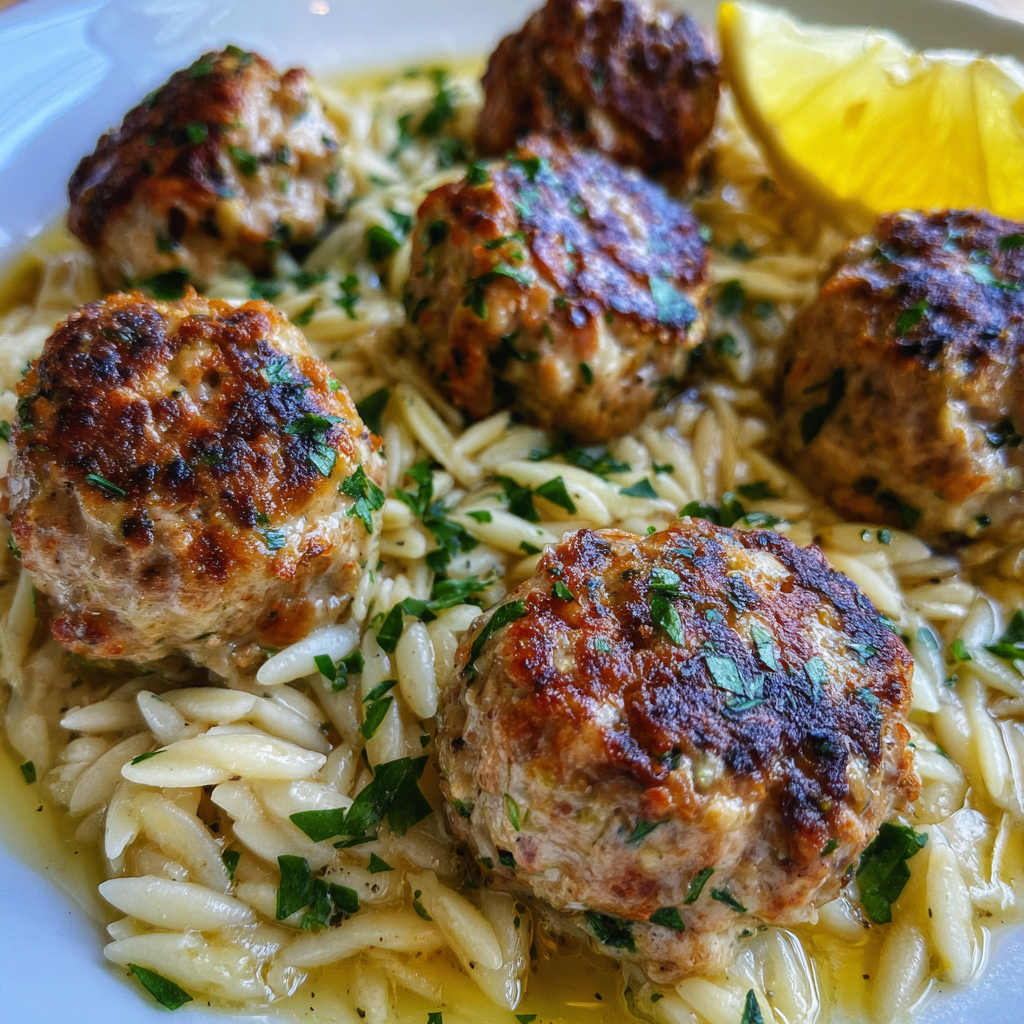 Greek Chicken Meatballs with Lemon Orzo
