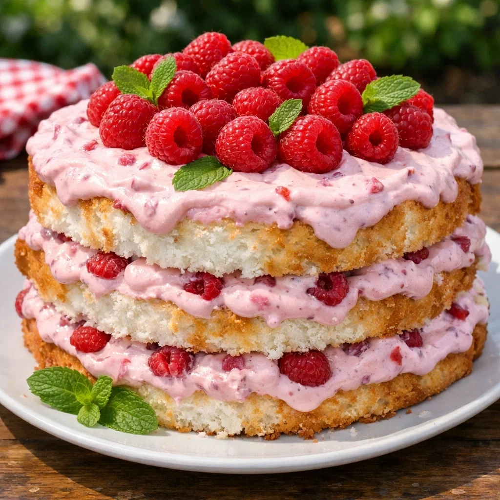 Raspberry Cream Angel Food Cake